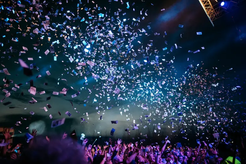 Confetti falling over a party crowd
