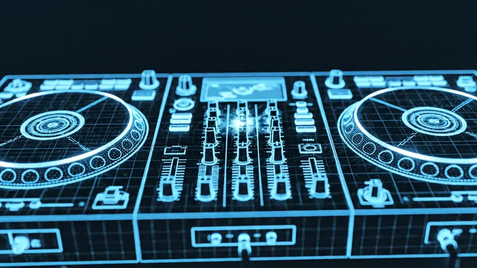A DJ controller drawn in glowing blue wireframe
