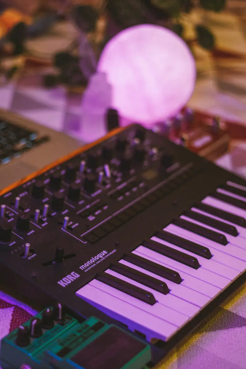 A synthesiser keyboard in a studio under a glowing lamp